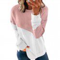 New Contrast Color Long Sleeve Round Neck Contrast Loose Sweater T-shirt Top Women 