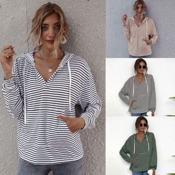 Spring New European and American Hooded Stripe Top Loose Sweater for Women