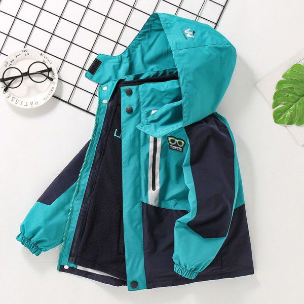 Boys' Charge Coat 3-in-1 Detachable Autumn/Winter New Children's Thickened Contrast Windbreaker Jacket