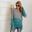 New patchwork knit shirt with drawstring round neck versatile sweater for women in large size