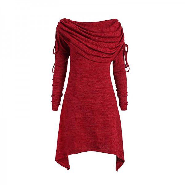 Autumn European and American women's long-sleeved pleated collar casual lengthened fashion sweater 