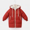 Children's medium and long down cotton jacket, hooded girls' winter coat, thickened solid color Korean cotton jacket, warm coat 