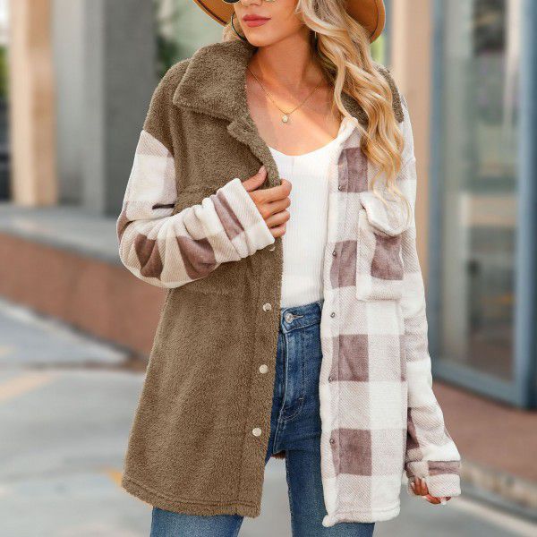 Autumn Women's Coat Plush Coat Polo Collar Long Sleeve Double sided Fleece Panel Flannel Plaid Long Shirt