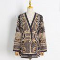 French Vintage Beaded Print Women's Autumn Fashion V-neck Long Sleeve Thickened Mid Length Suit Coat 