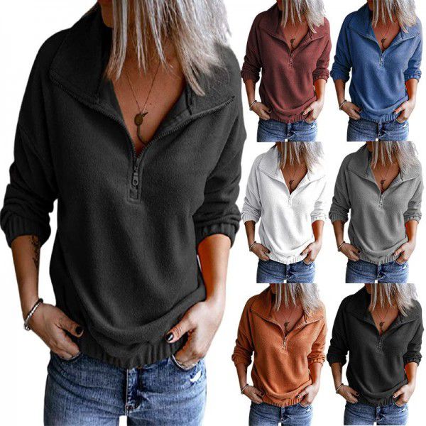 Solid color fleece standing neck zippered sweater for women Amazon hem rubber band casual long sleeved top for women