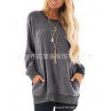 Autumn and winter women's round neck contrast pocket sweater long-sleeved pullover sweatshirt casual T-shirt 