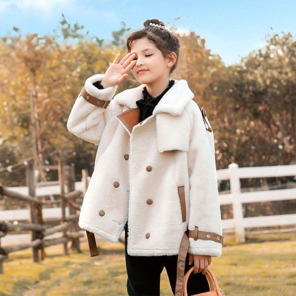 Girls' Plush Coat Autumn and Winter New Mid sized Children's Fur Integrated Pellet Fleece Children's Clothing Lamb Hair Coat