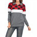 Long Sleeve Plaid Panel Zip Pocket T-shirt Casual Sweater Women's Top 