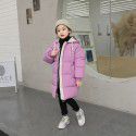 Children's medium and long down cotton jacket, hooded girls' winter coat, thickened solid color Korean cotton jacket, warm coat 