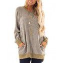 Autumn and winter women's round neck contrast pocket sweater long-sleeved pullover sweatshirt casual T-shirt 