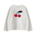 Spring and Summer New Children's Round Neck Sweater Cherry Towel Embroidered White Pullover Top Cotton Girls' Long Sleeves