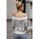 Spring women's zipper silver white jacket sexy one-line neck sequin patchwork jacket casual top 