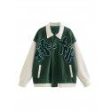 Autumn American fashion lapel jacket loose casual coat green patchwork flocked embroidered baseball jacket 