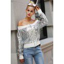 Spring women's zipper silver white jacket sexy one-line neck sequin patchwork jacket casual top 