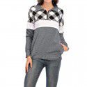 Long Sleeve Plaid Panel Zip Pocket T-shirt Casual Sweater Women's Top 