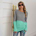 New patchwork knit shirt with drawstring round neck versatile sweater for women in large size