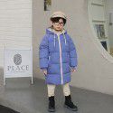 Children's medium and long down cotton jacket, hooded girls' winter coat, thickened solid color Korean cotton jacket, warm coat 