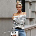 Spring women's zipper silver white jacket sexy one-line neck sequin patchwork jacket casual top 