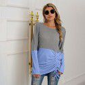 New patchwork knit shirt with drawstring round neck versatile sweater for women in large size