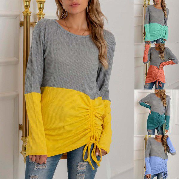 New patchwork knit shirt with drawstring round neck versatile sweater for women in large size