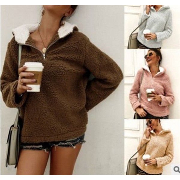 Autumn and Winter Women's Thermal Top Plush Coat Zip Hooded Sweater 