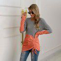 New patchwork knit shirt with drawstring round neck versatile sweater for women in large size