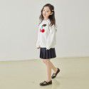 Spring and Summer New Children's Round Neck Sweater Cherry Towel Embroidered White Pullover Top Cotton Girls' Long Sleeves