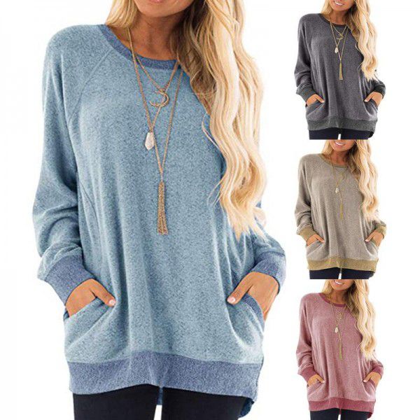 Autumn and winter women's round neck contrast pocket sweater long-sleeved pullover sweatshirt casual T-shirt 