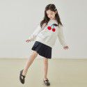 Spring and Summer New Children's Round Neck Sweater Cherry Towel Embroidered White Pullover Top Cotton Girls' Long Sleeves