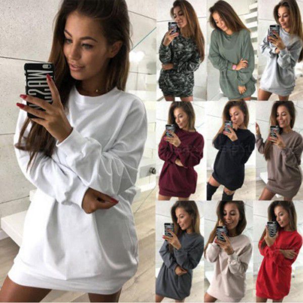 European and American winter new casual round-neck solid color medium length sweater dress for women 