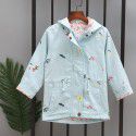 Spring Girls' All Cotton Flower Embroidered Windbreaker Drawstring Hooded Mid length Coat Top