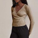 Women's temperament V-neck slim long sleeve Fried Dough Twists knitwear T-shirt top