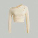 Sexy and pure desire style slanted shoulder knit top with a slim fit pleated long sleeved bottom for both inner and outer wear