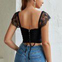 Sexy Lace Top Women's Square Neck Open Back Fold Open Navel Short T-shirt Top Women's