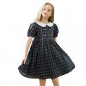 Girls college style dress, pure cotton, thin doll neck, stylish children's plaid princess skirt