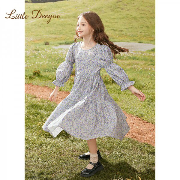 Girl's dress, spring and autumn, spring clothing, big children's dress, long sleeved retro children's floral dress, bubble sleeves