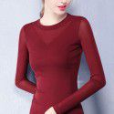 New Women's Slim Fit T-shirt Round Neck Long sleeved Top Large Mesh Bottom