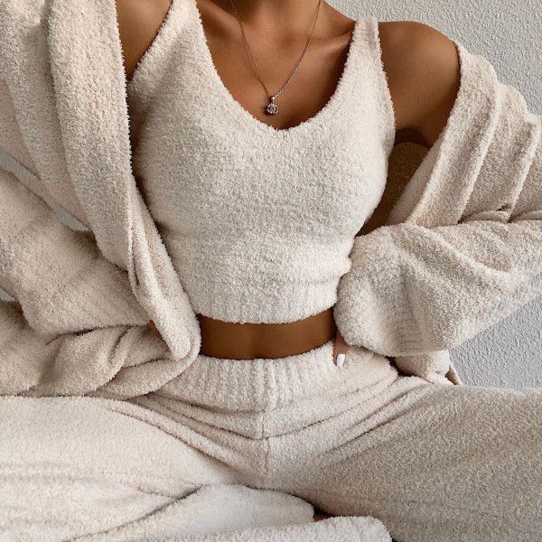 Autumn and Winter Fashion Plush Sweater V-neck Open Navel Tank Top Long Pants Two piece Set for Women