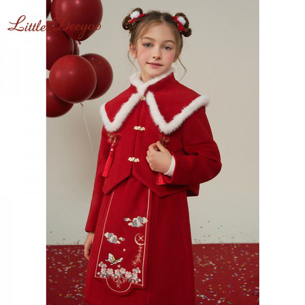 Girl's Winter Children's New Year Celebration Clothes Girl's Red Fashionable Set Two Piece Set