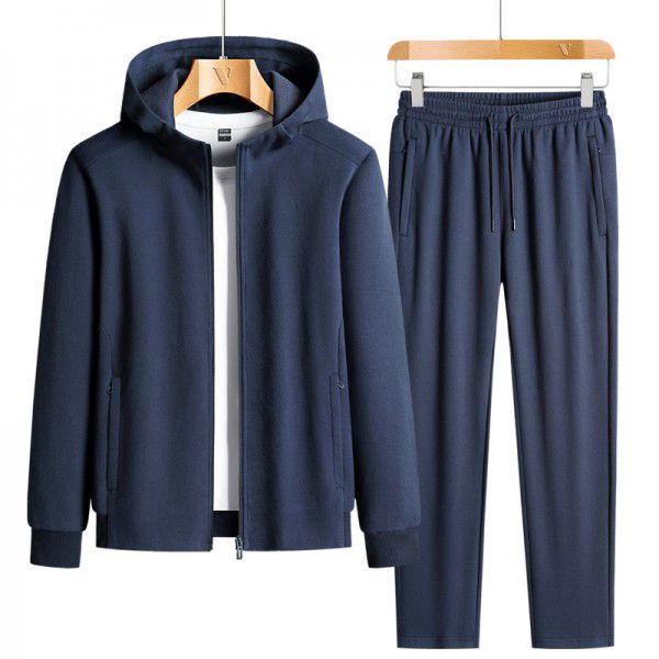 Spring and Autumn New Leisure Sports Pearl Cotton Large Set Men's Trendy Solid Hooded Set 