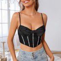 Women's mesh colored diamond inlaid fishbone pile collar suspender vest top for women