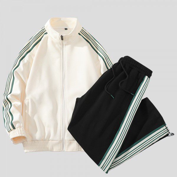 Sports suit for both men and women in spring and autumn, new running stand up collar jacket, loose pants, three stripes, two piece set, trendy