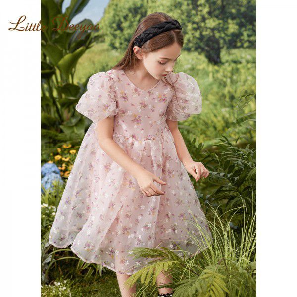 Girl's sweet and cool style dress, summer dress, Western style, summer organza dress, big boy floral princess dress