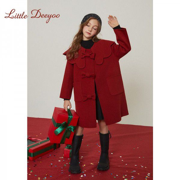 Girls' woolen coat for autumn and winter, new children's double-sided cashmere, medium and large children's new year red woolen coat