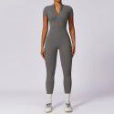 Zipper short sleeved nude yoga jumpsuit for women's outerwear fitness and sports jumpsuit