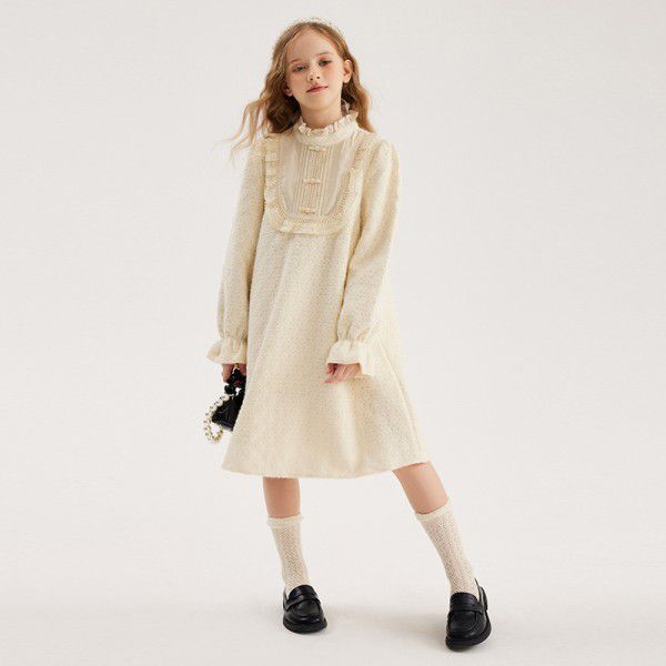 Girl's Dress Autumn/Winter New Big Boy's Fashionable Small Fragrance Wind Thickened Lace Princess Dress