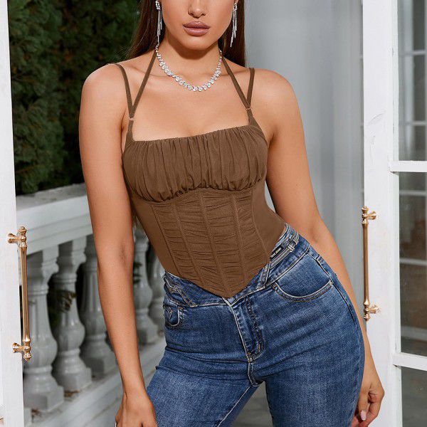 New sexy and fashionable mesh fishbone square collar pleated exposed navel hanging neck small vest strap