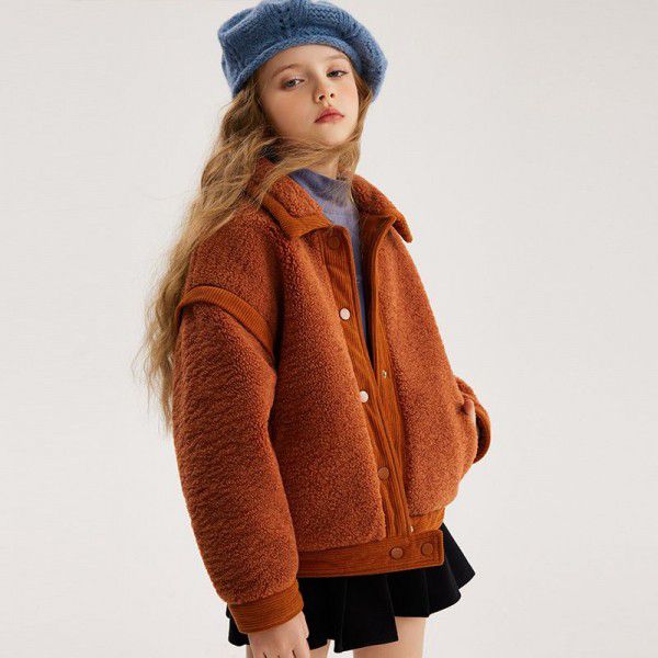 Girls' Lamb Wool Coat Autumn and Winter New Children's Medium and Large Children's Granular Velvet Thickened Sweater