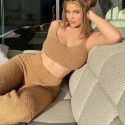 Autumn and Winter Fashion Plush Sweater V-neck Open Navel Tank Top Long Pants Two piece Set for Women