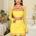 Fashion Set Skirt Sexy Mesh Hanging Neck Zipper Top Wrap Hip Skirt Set Two Pieces